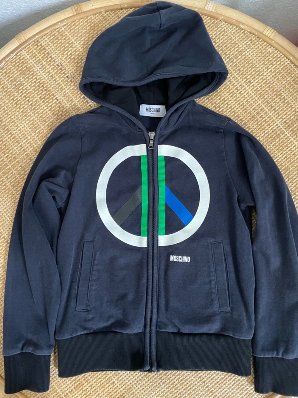 Moschino Navy Hoodie Jacket with Multicolor Peace Logo - Size 8